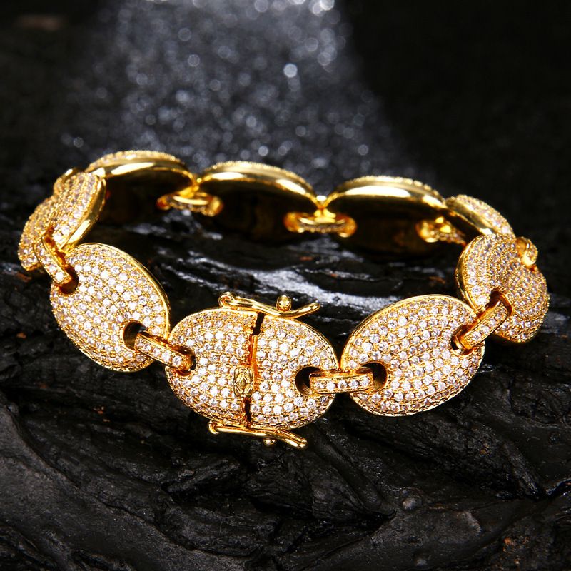 Bracciale hip-hop alla moda da uomo con bottone traforato e micro intarsi, catena placcata oro a forma di chicco di caffè, gioielli di lusso_voghion.com