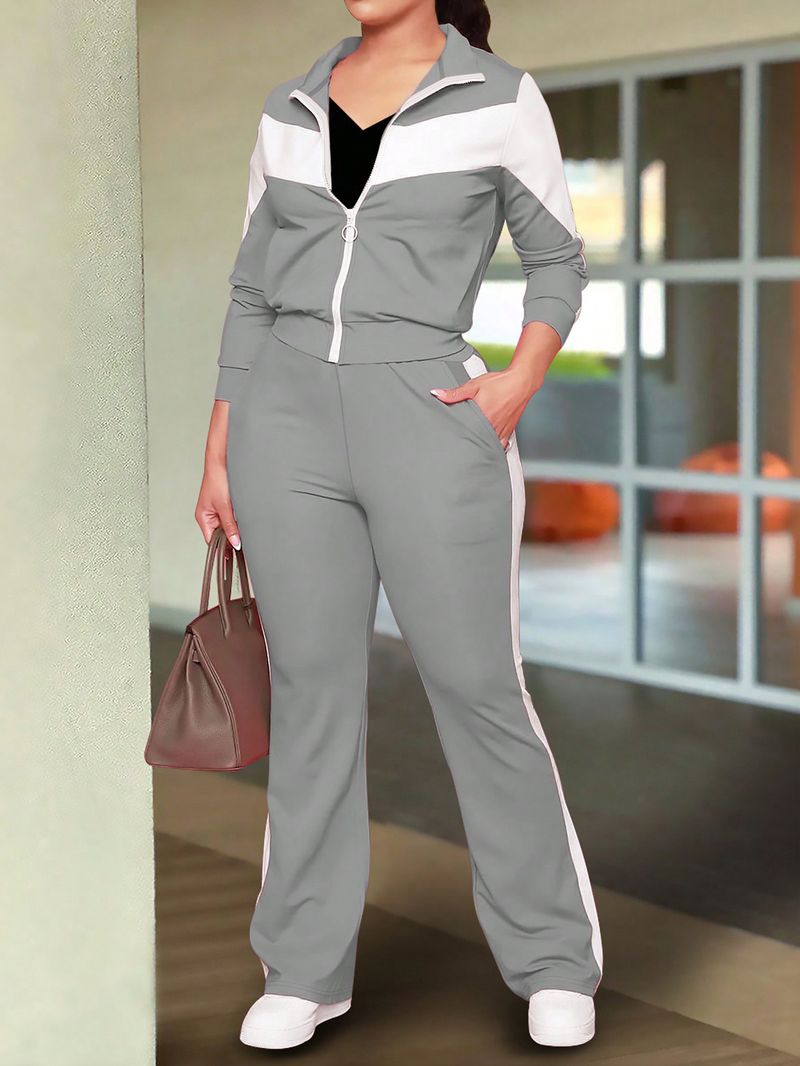 Spring Autumn Women's Fashionable Comfortable Color-Block Sports Style Zipper Jacket And Casual Long Pants Two-Piece Set_voghion.com