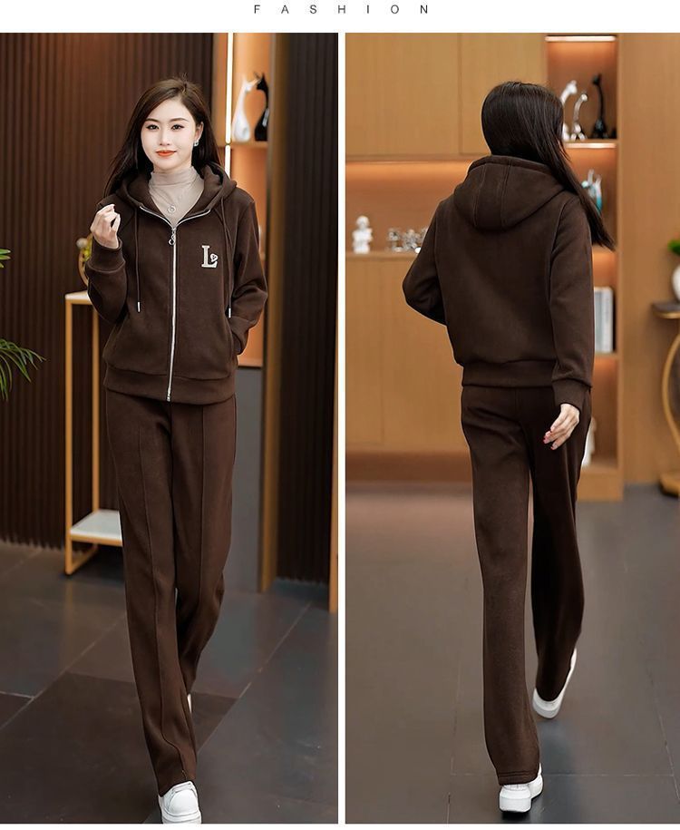 Women’s Fleece-Lined Hooded Tracksuit Set - Winter Warm Two-Piece Outfit With Zip-Up Jacket & Joggers (Oatmeal/Brown/Angora Red) M-4XL_voghion.com