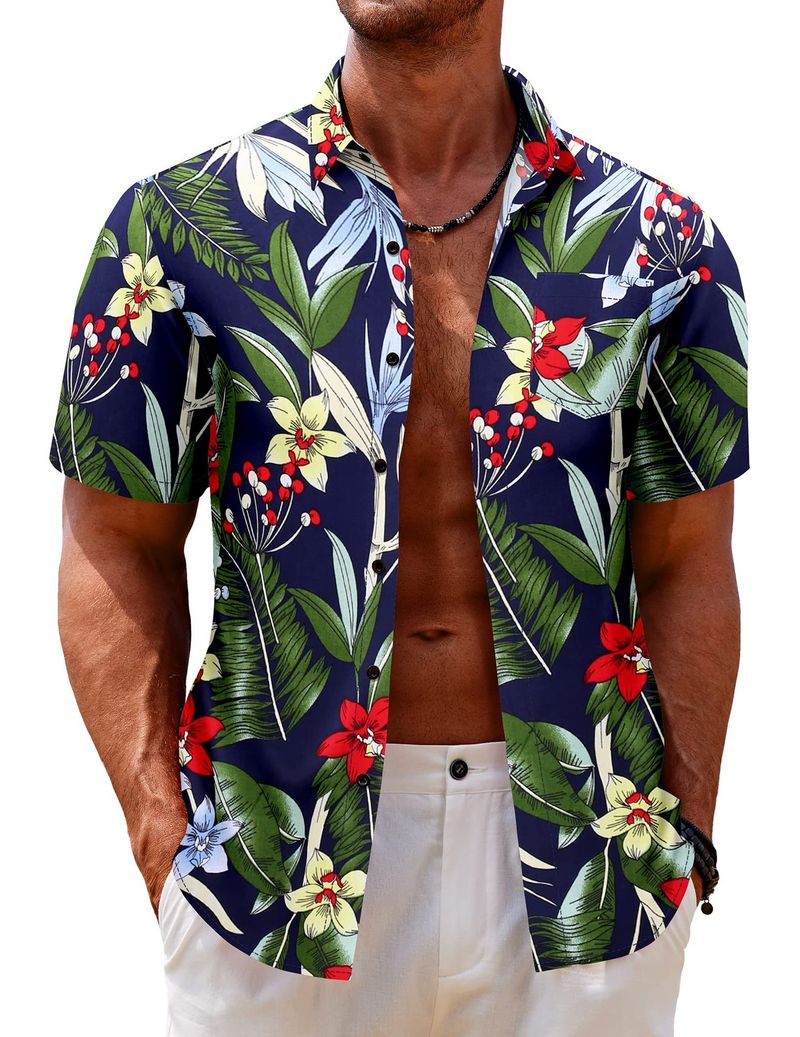 Roupas masculinas casuais manga curta lapela bolso 3D camisa impressa_voghion.com