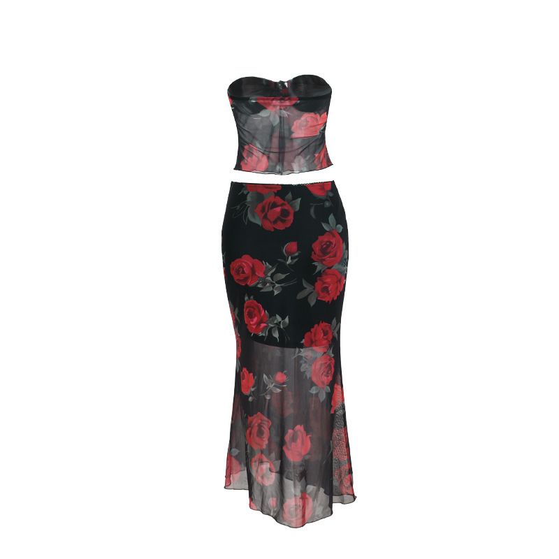 Women's Clothing Fashion Mesh Printed Tube Top Skirt Suit Summer New Slim Fit_voghion.com