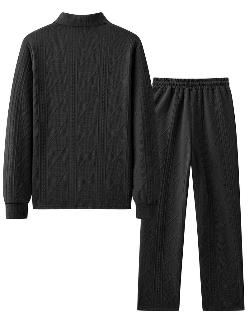 Conjunto de polo y sudadera con rayas de trigo texturizado para hombre: conjunto retro de manga larga con capas para uso informal._voghion.com