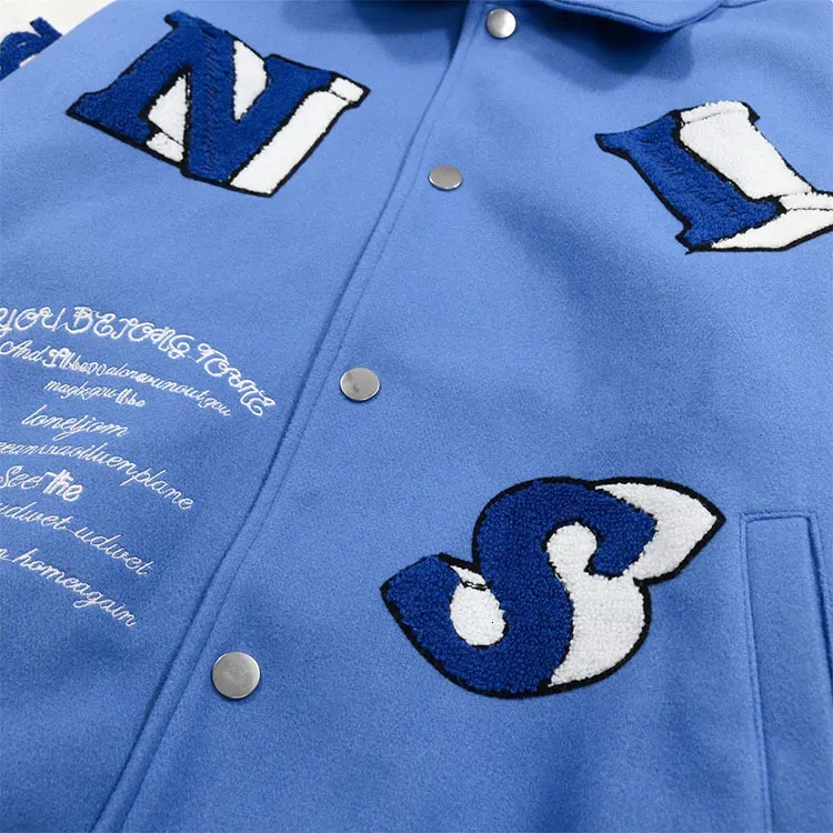 Men's Patchwork Jacket: Flocked Skeleton Varsity Bomber - Cool Male Jackets, Loose Fit College Coat, Blue Hip Hop_voghion.com