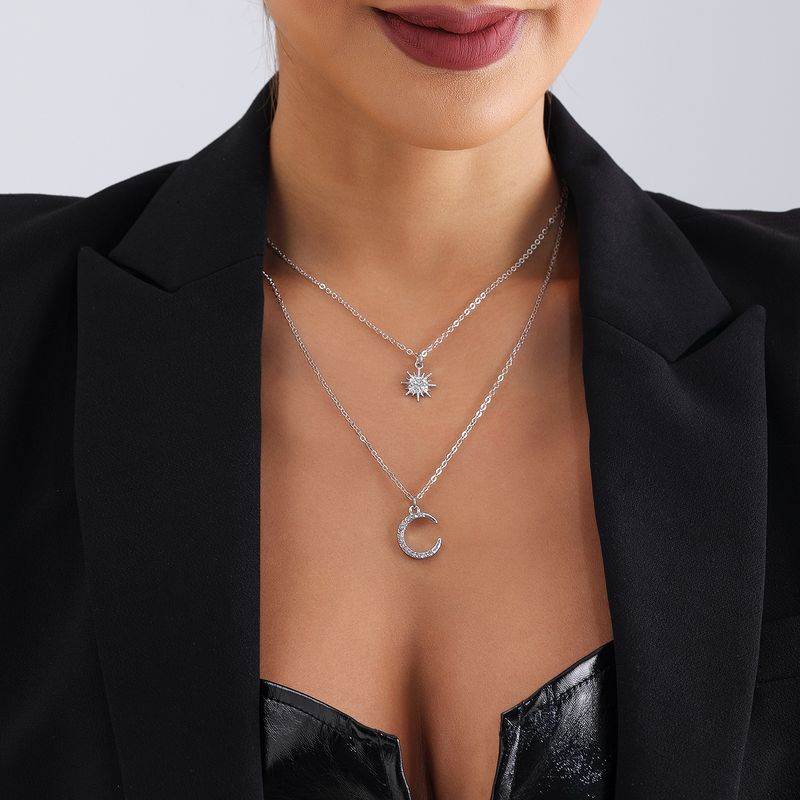 Double Stacked Diamond Sun Moon Necklace Ins Wind Octagram Collarbone Chain Necklace_voghion.com
