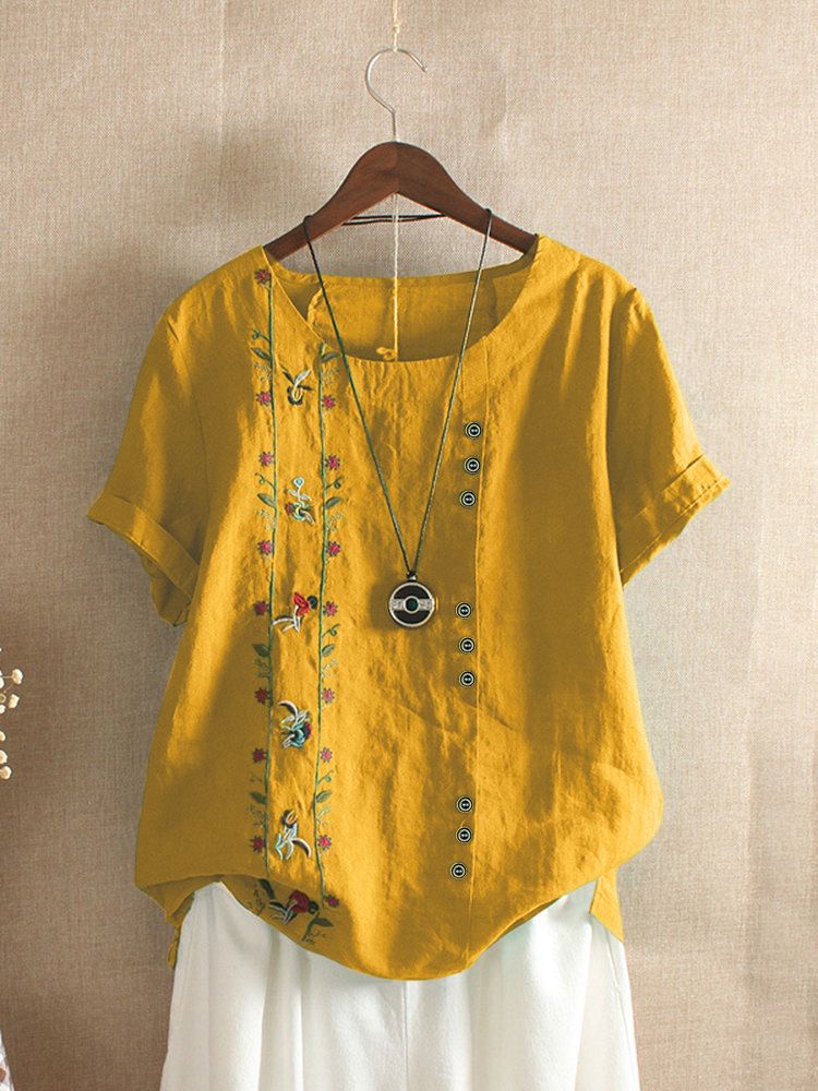 Maglietta estiva 2025 da donna, alla moda, in stile coreano, con ricamo, in cotone e lino, a maniche corte, da donna_voghion.com
