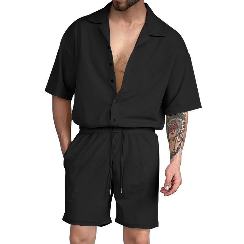 Sommeranzug, lässiges Revers, einfarbiges Hemd, Strickjacke mit Knöpfen, Kurzarm-Shorts-Set, Herren_voghion.com