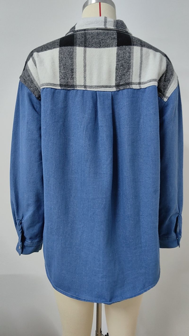 Übergroße Jeanshemdjacke für Damen – Schwarz-weiß kariertes, langärmliges Freizeitoberteil_voghion.com
