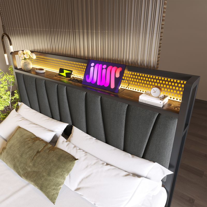 Cadre de lit en métal Polsterbett avec éclairage LED et application de contrôle pour lit double 140 x 200 cm, tête de lit et matelas à chargement USB inclus_voghion.com