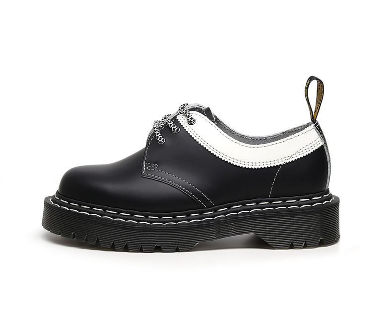Scarpe Martin a 3 fori con suola spessa e scollatura bassa in vera pelle, doppia linea, nere e bianche, casual, da studente, suola in spugna_voghion.com