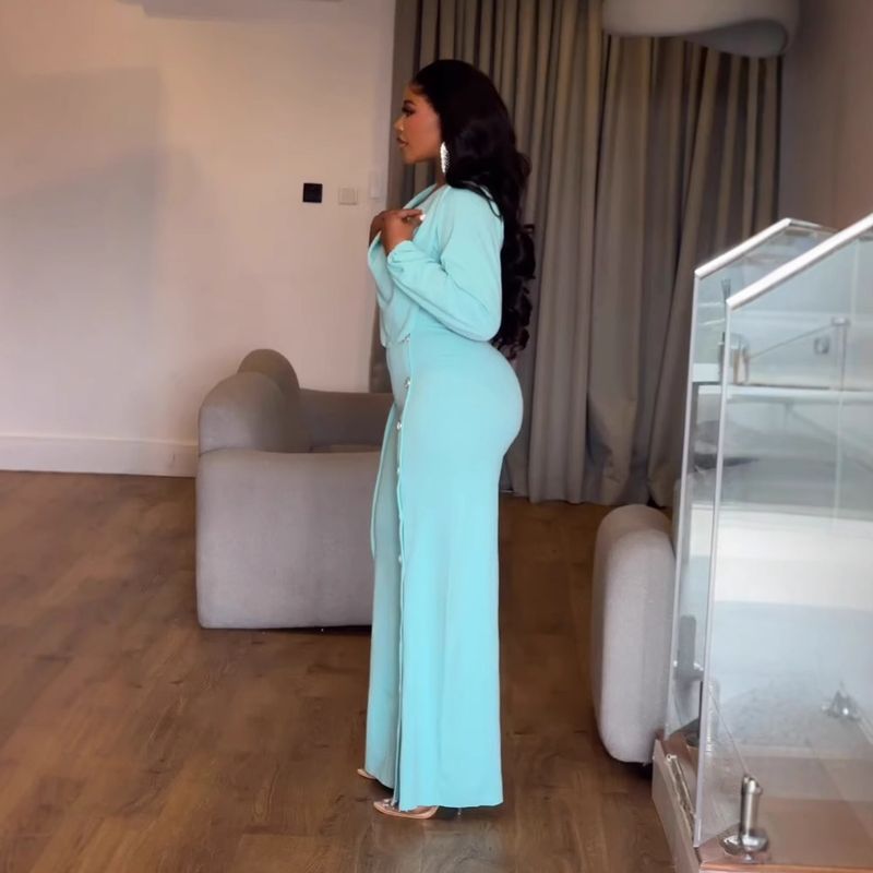 Women's Clothing Lantern Sleeve Waist Button Decoration Wide Leg Jumpsuit_voghion.com