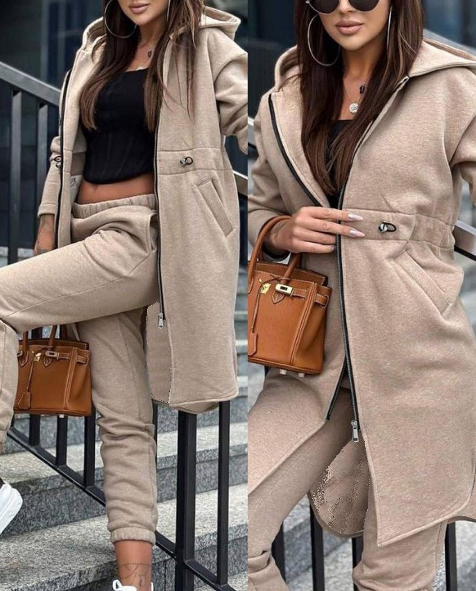 Zweiteiliges Set mit modischem, lässigem Kapuzen-Fleece-Hoodie-Mantel für Damen_voghion.com