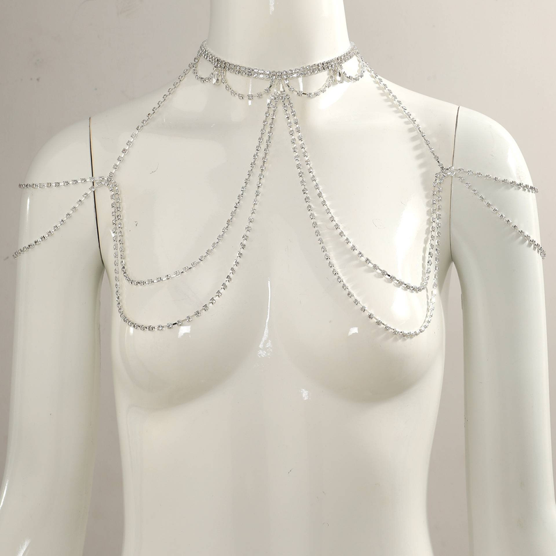 New Fashion Sparkling Diamond Water Drop Zircon Tassel Chest Chain Dinner Shoulder Chain Necklace Body Chain Water Diamond Chain Women's Accessori_voghion.com