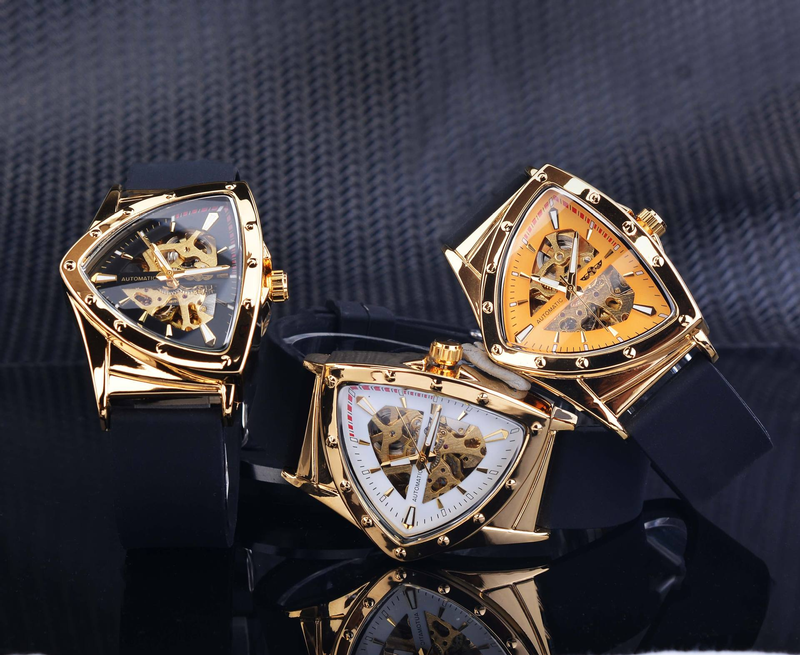 Men's automatic mechanical watch with triangular dial, hollowed out luminous silicone strap, sports watch_voghion.com