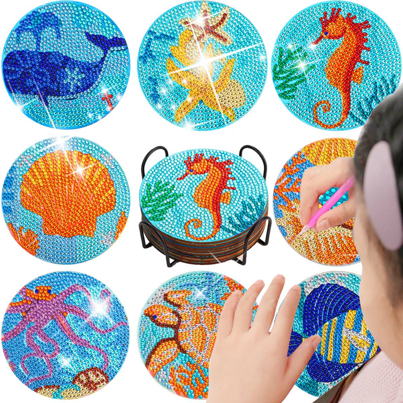 8pc/sets Diamond Painting Coasters with Holder Ocean Diamond Art Coasters DIY Diamond Restaurant Decoration For Kid Gift_voghion.com