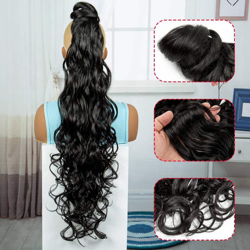 MALAIKA "Seamless Integration" Elegant Body Wave Ponytail Extension For Women - Versatile Clip-In Synthetic Hairpiece, Perfect For All Occasions_voghion.com