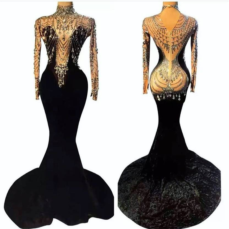 Women’s Clothing Elastic Velvet Fabric, Rhinestone, Sequin, Tassel, Sexy And Figure-hugging Custom Performance Costume Evening Dress_voghion.com