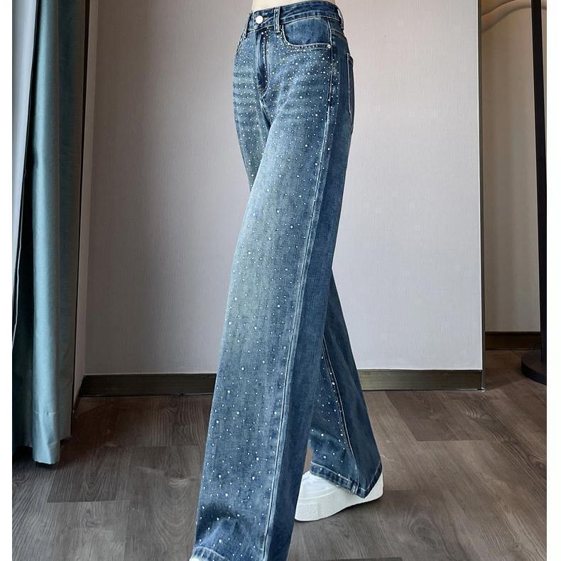 Abbigliamento da donna Jeans stretti e larghi per le donne, pantaloni dritti larghi a vita alta, design di nicchia primaverile, pantaloni personalizzati con lavaggio a caldo a forma di diamante_voghion.com