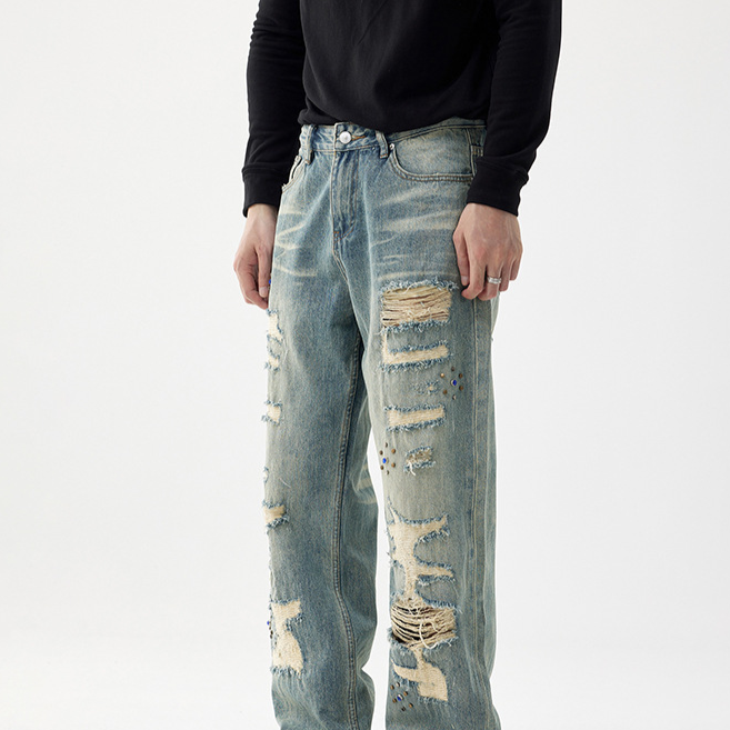 Roupas masculinas com contas personalizadas, jeans rasgado e lavado, calças retas e soltas de rua para homens_voghion.com