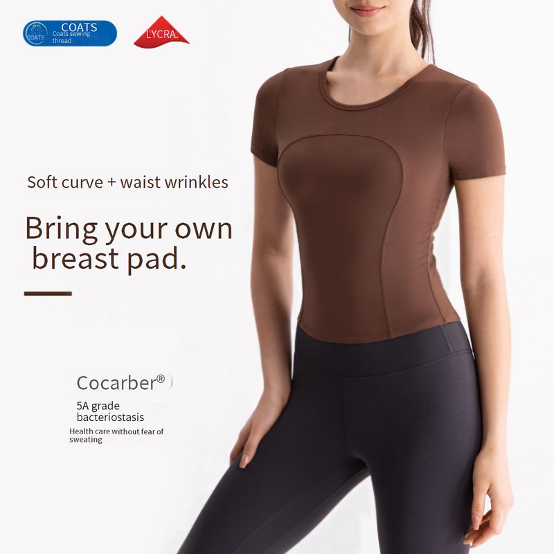 Vêtements de yoga pour femmes, manches courtes, avec coussinet de poitrine, plissés, coupe slim, sport, fitness, t-shirt_voghion.com