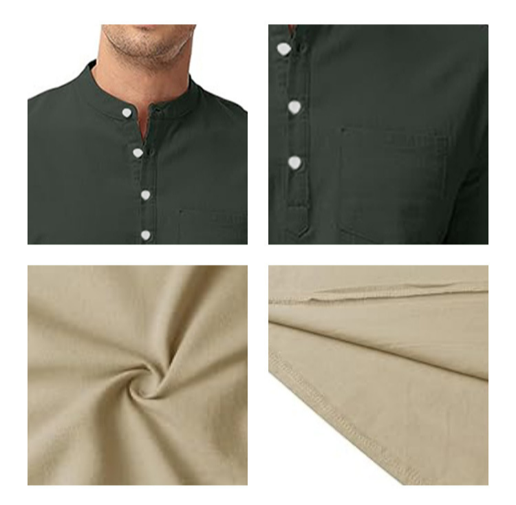 Herren Cross Border Baumwolle Langarm Zehentuch Seitenschlitz Knopf Robe Henley Freizeithemd Männer_voghion.com