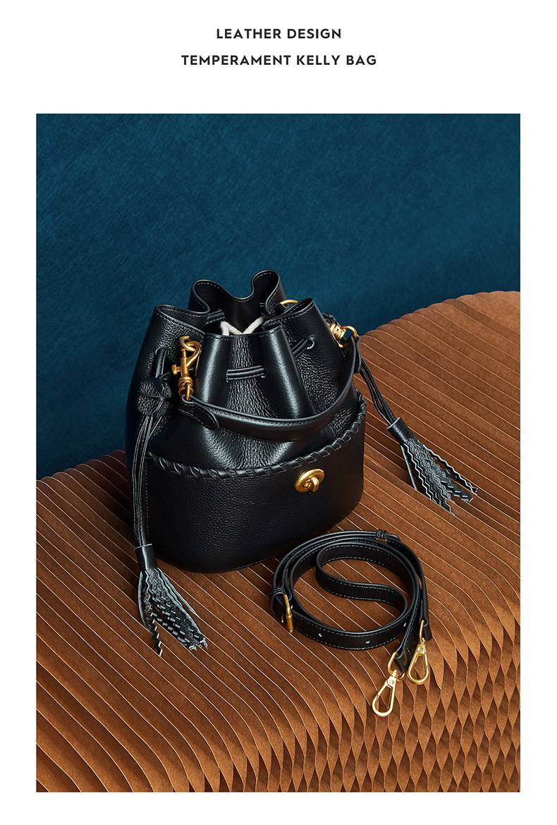 KOSE High-grade First-layer Cowhide Bucket Bag New Genuine Leather Women's Bag Tassel Niche Drawstring Shoulder Messenger Bag_voghion.com