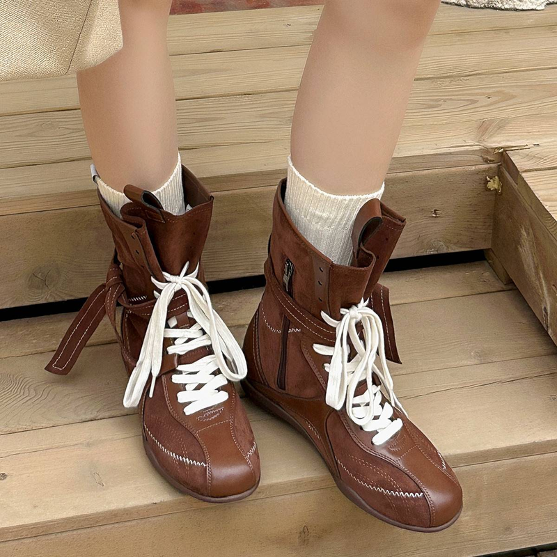 Botas de boxe femininas Cameido, moda marrom, cano médio, casuais, com cadarço, esportivas para o outono_voghion.com