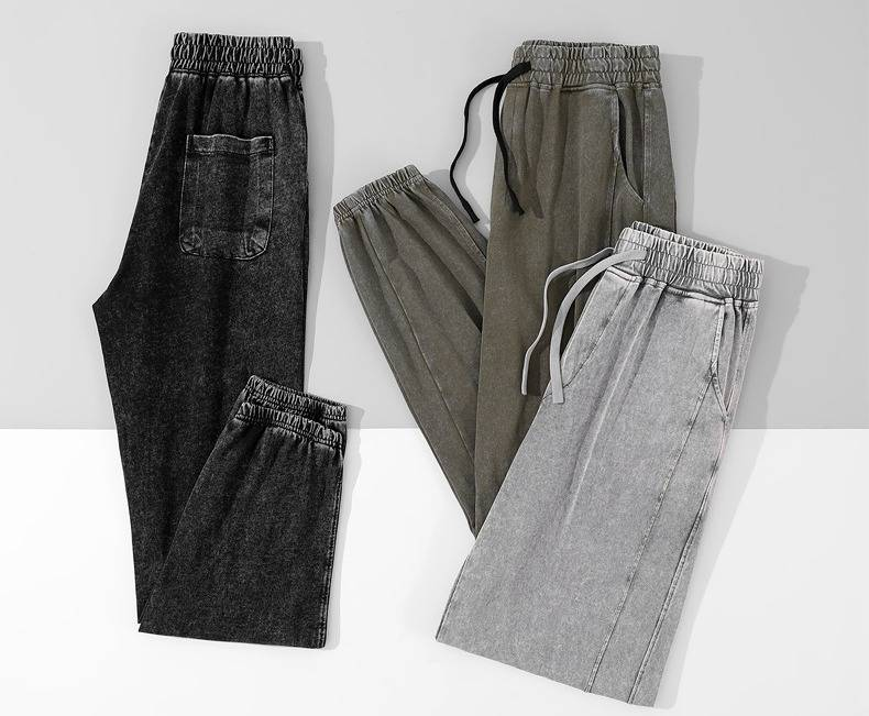 Pantalon de survêtement délavé épais pour homme – 300 g/m² en pur coton, style rétro vieilli, coupe ample avec ourlet à revers (L-XXXXL, noir/gris/vert armée)_voghion.com