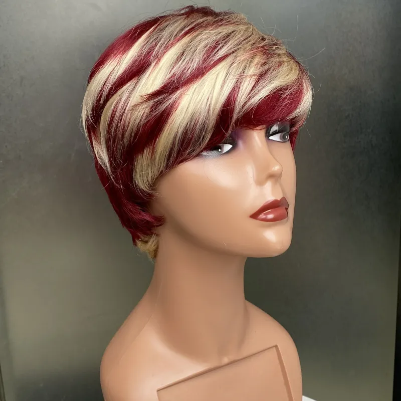 613 Honigblond, kurze, glatte Bob-Perücke aus Echthaar mit Pony für Frauen_voghion.com