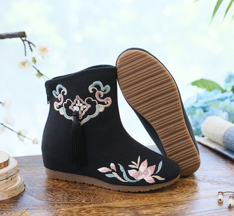 Stivali bassi, nappe ricamate, scarpe di stoffa abbinate a scarpe invernali imbottite e morbide in cotone Hanfu da donna, tacchi alti_voghion.com