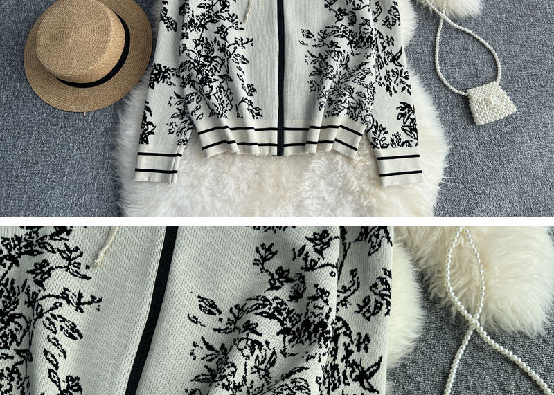 Sweat-shirt tricoté à capuche et fermeture éclair en jacquard pour femmes, ensemble deux pièces, taille haute, pantalon à jambes larges_voghion.com