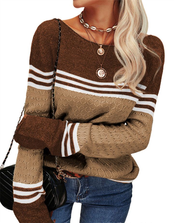 Cross-border autumn and winter new women's crocheted elegant commuter top European and American long-sleeved knitted striped color matching round neck_voghion.com