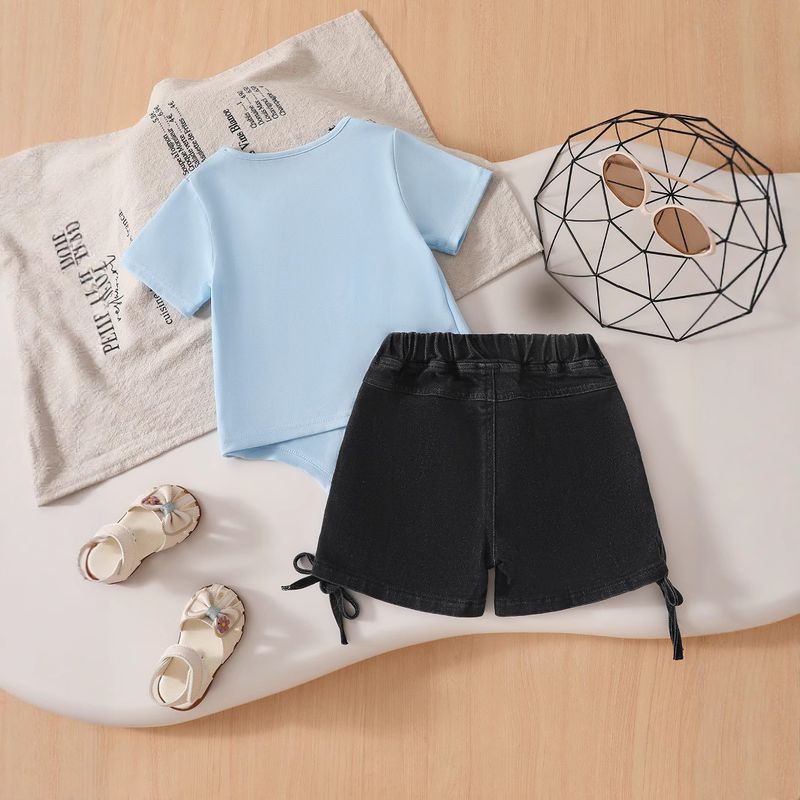 Maglietta estiva a maniche corte con fiocco, scollo rotondo, stile corto, top con nodo chic, pantaloncini in denim, due pezzi_voghion.com