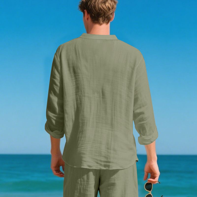 Maglietta a maniche lunghe con scollo a V in lino traspirante per uomo - Vestibilità rilassata, comfort casual, essenziale per l'estate_voghion.com