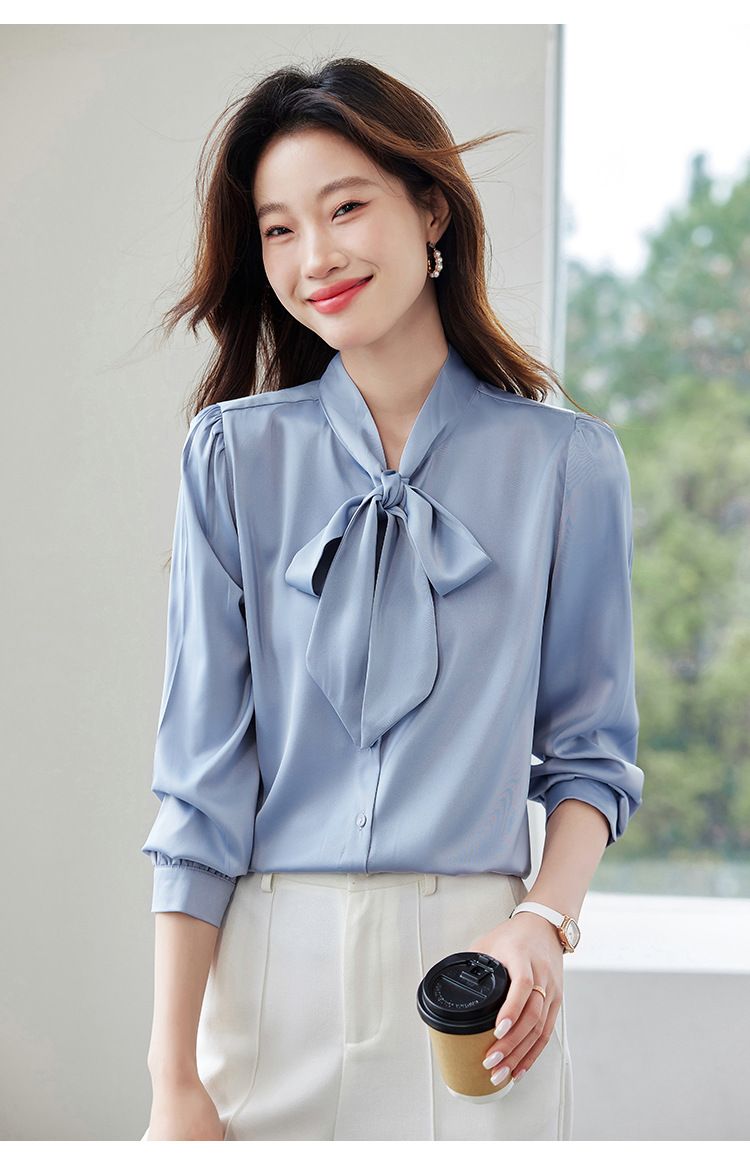 K New Bow Tie Design Women's Shirt; Minority Professional Style Satin Blouse With Sash_voghion.com