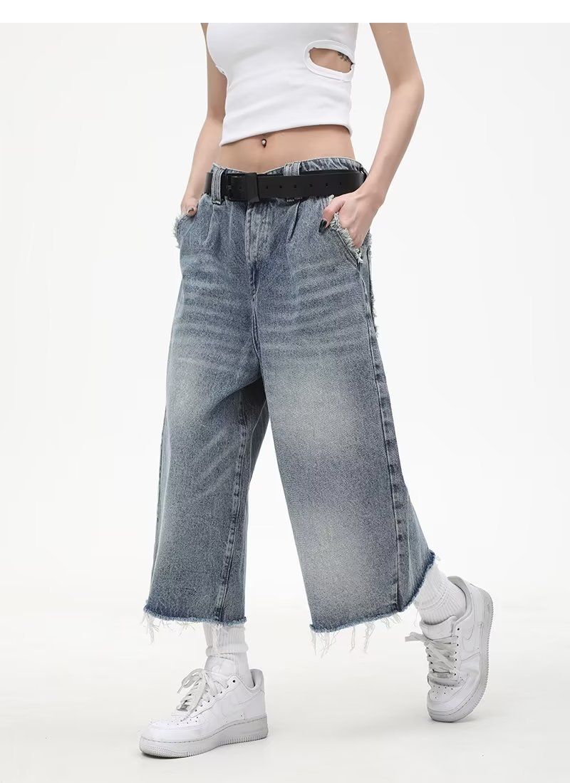 Unique Design Tassel Seven-point Denim Shorts For Men Loose Washed Fashionable Casual Versatile Straight-leg Pants_voghion.com