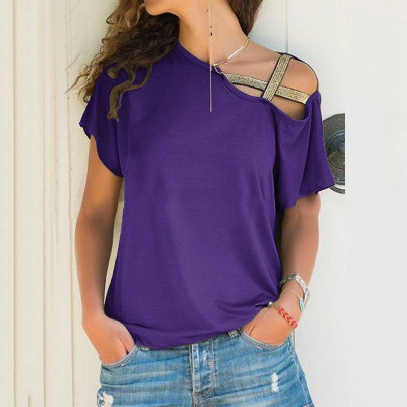 hot selling Summer casual diagonal shoulder cross irregular short sleeved printed women's T-shirt for women_voghion.com