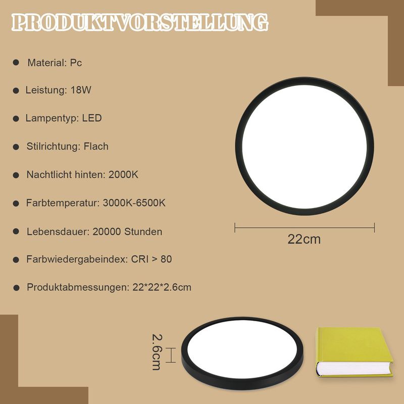 Glitzerlife Deckenlampe LED Deckenleuchte Flach - Schlafzimmerlampe 22CM Badezimmerlampe 18W Küchenlampe Schlafzimmer Flurlampe Badlampe 3000K - 6500K_voghion.com