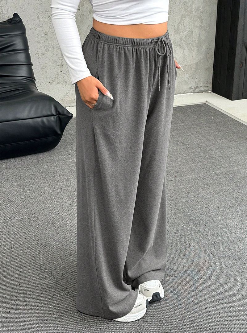 Lässige Hose mit geradem Bein und Kordelzug im Bund – Freizeithose aus Polyester-Elasthan-Mischgewebe für Damen (S-3XL, Grau/Schwarz/Braun, Komfort-Stretch)_voghion.com