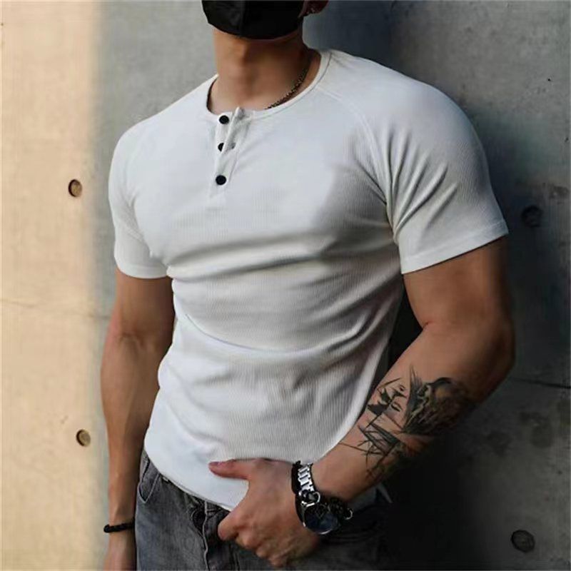 Unbeatable Quality Solid New Summer Versatile Short Sleeve Henry Shirt Casual Men's T-shirt_voghion.com