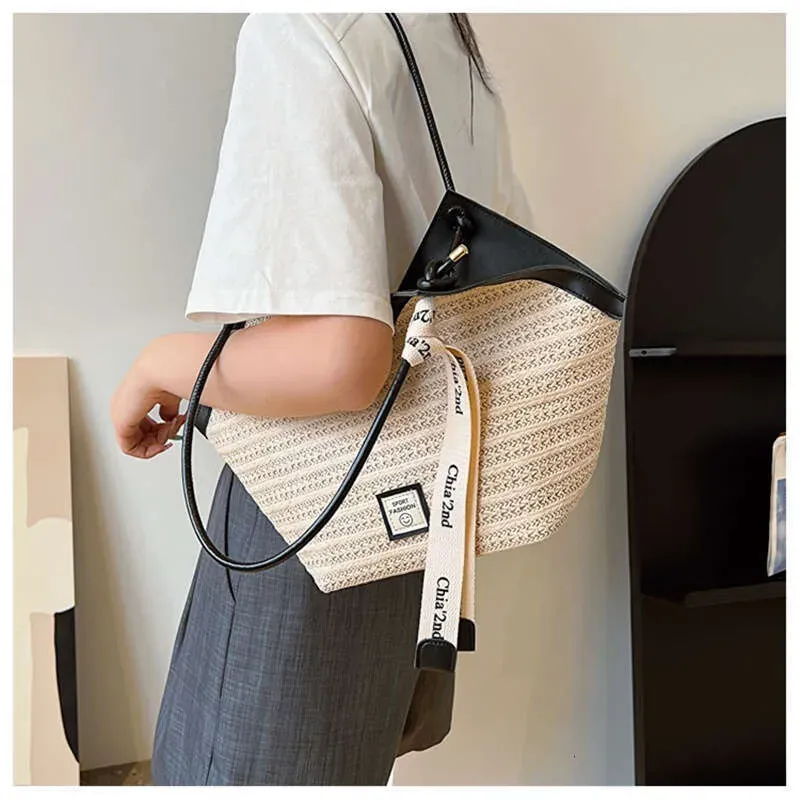 Bolso tote de paja de diseño playero, bolso de hombro de gran capacidad para mujer, ideal para el verano -_voghion.com