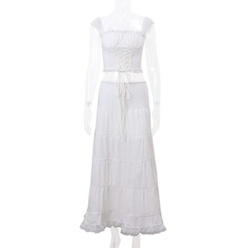 nuovo top con bretelle e scollo quadrato francese da donna con gonna in pizzo patchwork stile festa vestito per donna_voghion.com