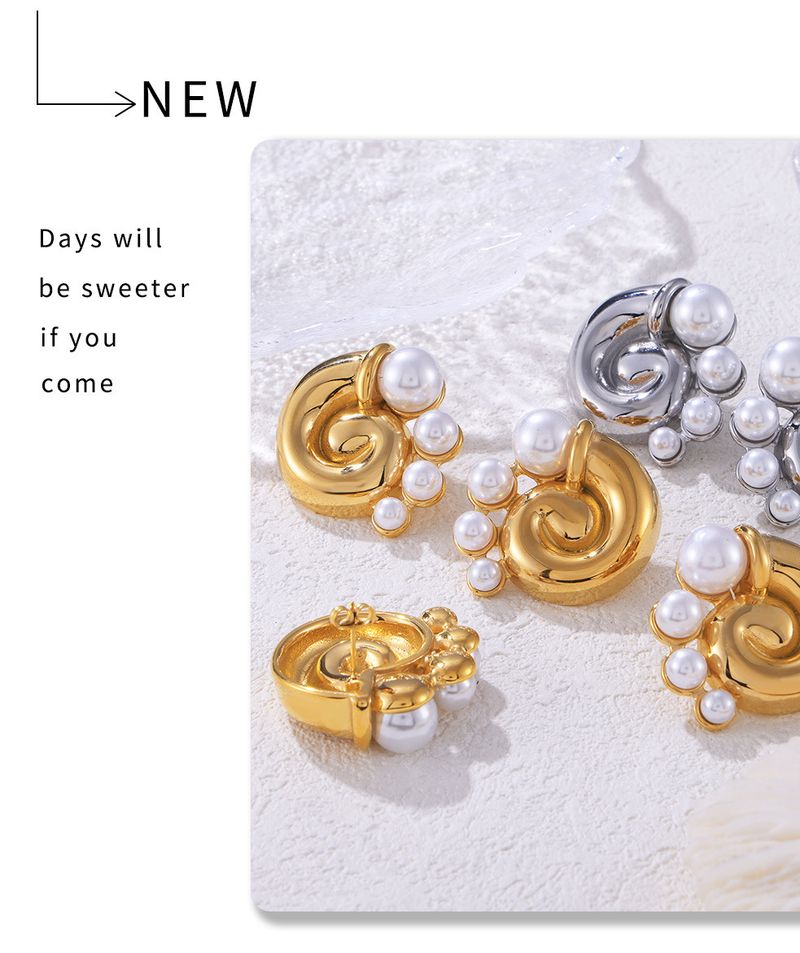 Niche Spiral Vortex Imitation Pearl Earrings With Retro Temperament Design, Popular Earrings Made Of Titanium Steel_voghion.com