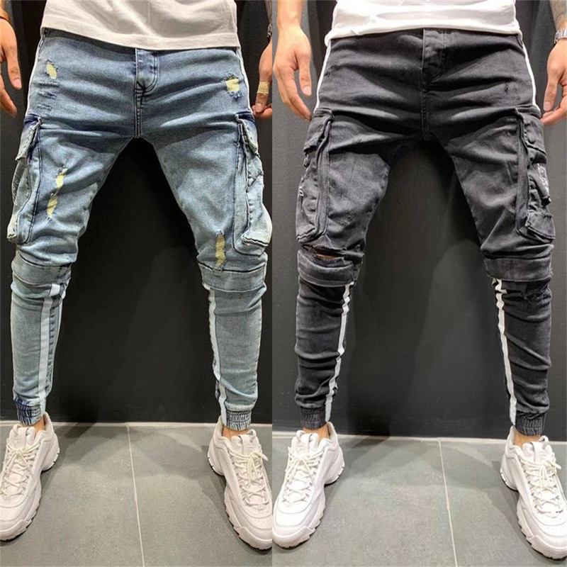 Jeans cargo alla moda 2025 da uomo in cotone, a vita media, con cerniera, con fori rotti e piedi legati, pantaloni in denim_voghion.com