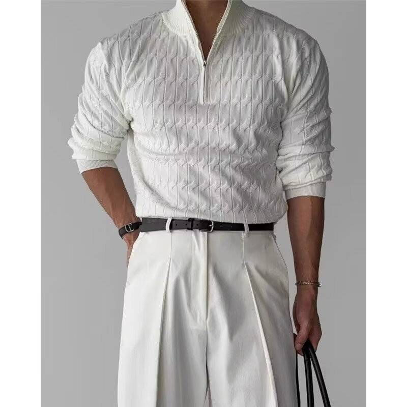 Maglione oversize in maglia grossa con cerniera e collo a dolcevita da uomo, casual, per l'inverno, alla moda e versatile (bianco/nero)_voghion.com
