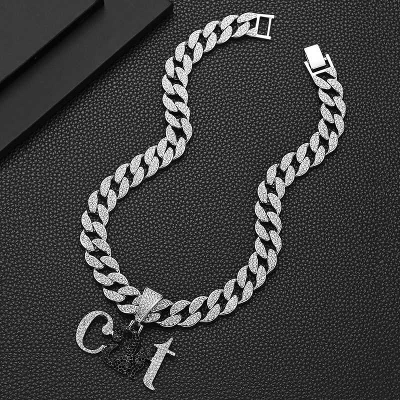 Collana cubana con ciondolo animale gatto con lettera creativa con diamanti pieni, accessori hip-hop alla moda da uomo_voghion.com