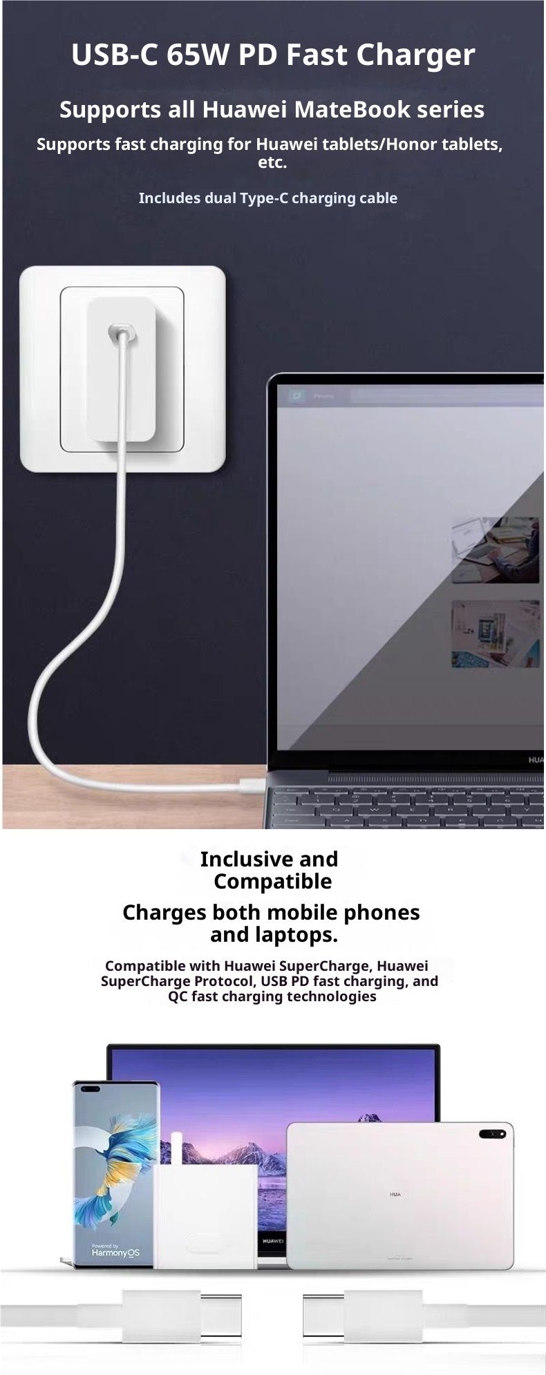Suitable For Huawei MateBook14 Charger 65W Fast Xs/E/13/15/16 Laptop Charging Cable_voghion.com