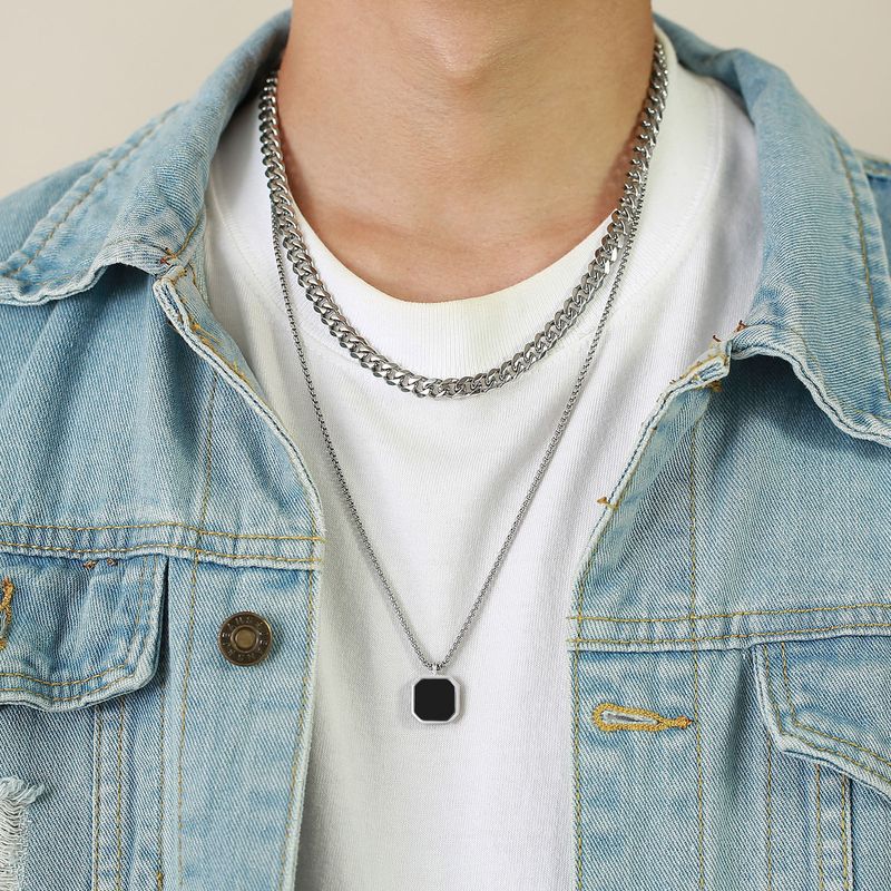 stainless steel geometric square black dripping glue necklace men's simple niche hip hop titanium steel pendant_voghion.com