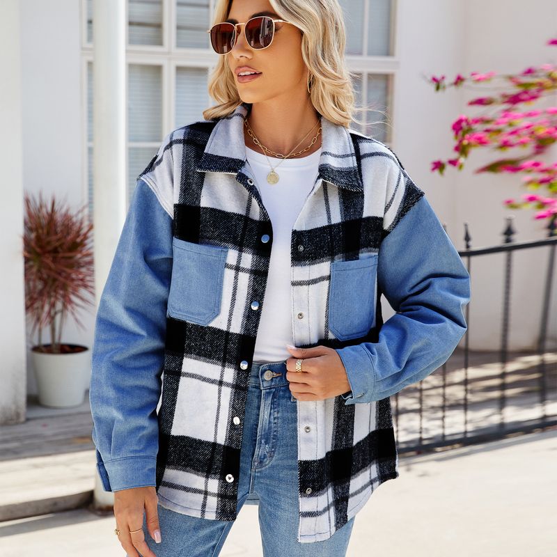 Übergroße Jeanshemdjacke für Damen – Schwarz-weiß kariertes, langärmliges Freizeitoberteil_voghion.com