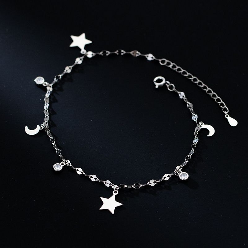 Nalan S Silver Korean Version Simple Round Diamond Twist Star Moon Anklet Summer Elegant Sweet Foot Jewelry S4689_voghion.com