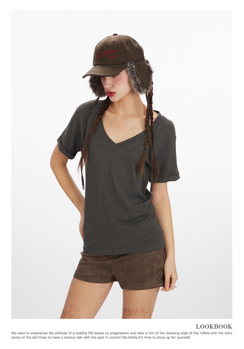 Heyhenry vară minimalist picant fată slăbire culoare solidă top Slim Fit V-neck versatil de bază cu mânecă scurtă tricou pentru_voghion.com